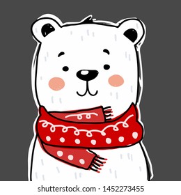 Cute bear character with scarf. Vector illustration for birthday invitation,postcard and sticker