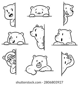 Cute bear character set peeking from edge hand drawn doodle style vector illustration