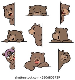 Cute bear character set peeking from edge hand drawn doodle style vector illustration