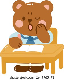 Cute bear character sitting at desk, wearing student outfit, appears to be yawning while resting its chin on one paw. scene conveys sense of tiredness and playfulness
