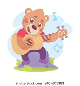 Cute Bear Character Sitting on Stump and Play Guitar Vector Illustration