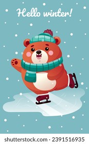 Patinaje con personajes de oso. Tarjeta de Año Nuevo, cuento de hadas de invierno. El oso al estilo de las caricaturas. postal, afiche, pegatina