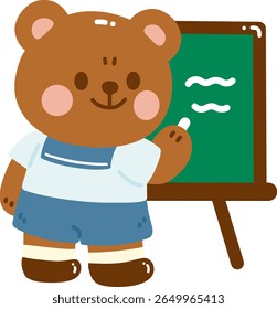 Cute bear character standing in front of chalkboard, smiling and pointing with piece of chalk. bear wears student outfit, exuding friendly and playful vibe
