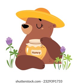 Cute bear character in straw hat with glass jar of sweet honey cartoon vector illustratio