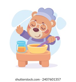 Cute Bear Character in Toque Cooking Meal Vector Illustration