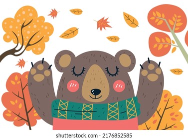 Cute bear character walking autumn forest in warm cloth sweater concept. Graphic design element illustration