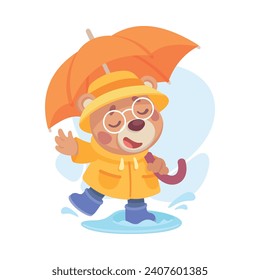 Cute Bear Character Walking in Rainy Day with Umbrella Vector Illustration