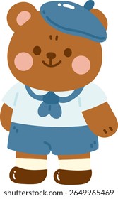 Cute bear character wearing blue beret and student outfit, exuding cheerful and friendly vibe. This adorable design is perfect for children illustrations or playful themes
