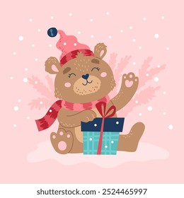 Cute bear, character wearing hat and scarf holding present. Christmas card. Vector illustration