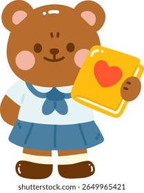 Cute bear character wearing school uniform, holding yellow book with heart on cover. bear has friendly expression, making it appealing design for children illustrations

