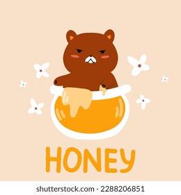 Cute bear character who is sitting in a jar of honey. Cartoon vector illustration.