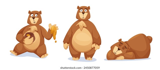 Cute bear characters set isolated on white background. Vector cartoon illustration of grizzly mascot, funny brown animal sitting with honey jar, standing and smiling, lying asleep, comic toy pet