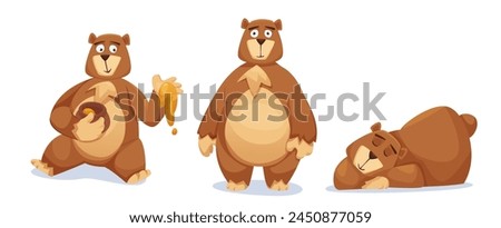 Cute bear characters set isolated on white background. Vector cartoon illustration of grizzly mascot, funny brown animal sitting with honey jar, standing and smiling, lying asleep, comic toy pet