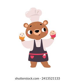 Cute Bear Chef Character in Toque Hold Cupcake Vector Illustration