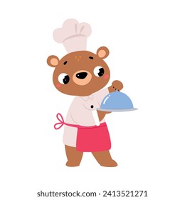 Cute Bear Chef Character in Toque Hold Tray Vector Illustration