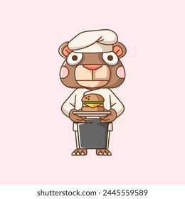 Cute bear chef cook serve food animal chibi character mascot icon flat line art style illustration concept cartoon set