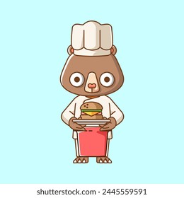 Cute bear chef cook serve food animal chibi character mascot icon flat line art style illustration concept cartoon set