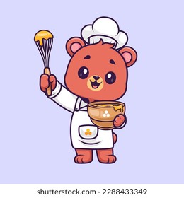 Chef Cute Bear Cocinando Miel Dibujo Icono Vector Ilustración. Vector Premium Aislado De Icono De Alimentos Animales. Estilo de dibujo plano