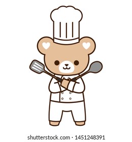 A cute bear in chef costume holding ladle and spatula.
