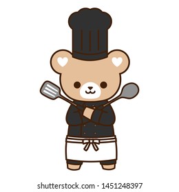 A cute bear in chef costume holding ladle and spatula.