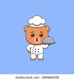 Cute bear chef holding restaurant cloche