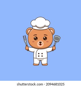 Cute bear chef holding spatula and barbecue fork
