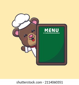 cute bear chef mascot cartoon character with menu board