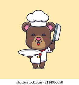 cute bear chef mascot cartoon character with knife and plate