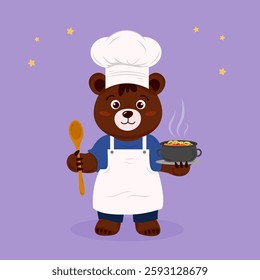 Cute Bear Chef in a White Apron with a Pot and Spoon Against a Purple Background