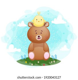 Cute bear and a chicks cartoon character. cartoon illustration Premium Vector