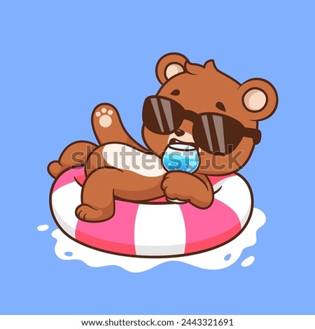 Cute Bear Chill On Swimming Tires With Juice Cartoon Vector Icon Illustration. Animal Holiday Icon Concept Isolated Premium Vector. Flat Cartoon Style