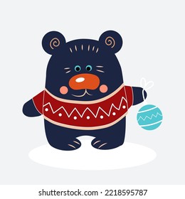 Cute bear with Christmas ball on white background
