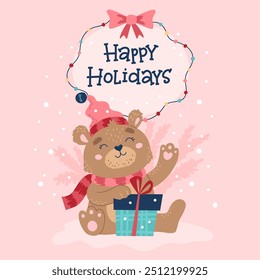 Cute bear Christmas card, cute character wearing hat and scarf holding present. Hand drawn lettering. Vector illustration