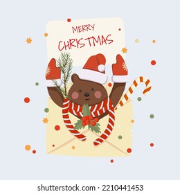 Cute bear with Christmas card. Vector flat illustration in cartoon style.