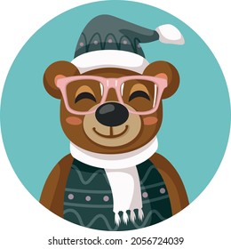 Cute Bear Christmas Character Wearing Glasses Vector Cartoon. Friendly smiling teddy bear mascot expressing joy celebrating winter holidays

