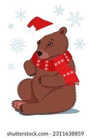 Cute bear in a Christmas hat and scarf. Vector illustration.