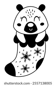 Cute bear in Christmas sock. Black and white Christmas bear clipart. Cute festive character. Hand draw vector illustration in flat style