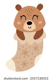 Cute bear in Christmas sock. Christmas bear clipart. Cute festive character. Hand draw vector illustration in flat style