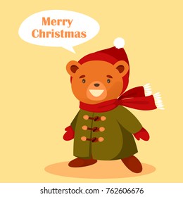 A cute bear in a Christmas suit congratulates you on holidays. Vector cartoon illustration. Character.