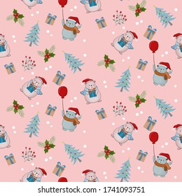 Cute bear with Christmas tree and gift seamless pattern.