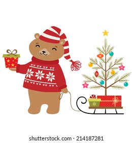 Cute bear with Christmas tree and gifts.