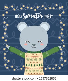cute bear christmas ugly sweater party glowing lights vector illustration