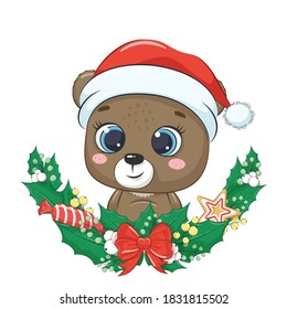 Cute bear with Christmas wreath. Vector illustration for baby shower, greeting card, party invitation, fashion clothes t-shirt print.
