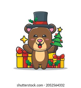 Cute bear in christmast day cartoon vector illustration