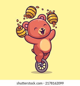 Cute Bear Circus Playing Honeycomb With Unicycle Cartoon Vector Icon Illustration. Animal Nature Icon Concept Isolated Premium Vector. Flat Cartoon Style