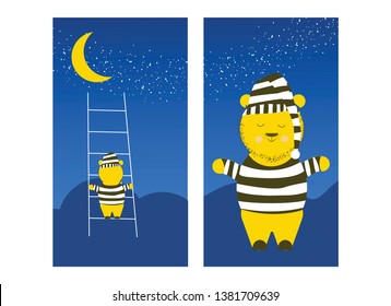 Cute Bear is climbing the moon. Sleepy bear is preparing to climb the moon to sleep. Vector flat cartoon illustration.