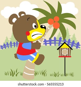 Cute bear climbing palm tree in garden, vector cartoon illustration