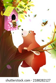 Cute bear climbing the tree with angry bees for honey, comic cartoon for kids. Cute bear and hilarious bees on the tree, illustration for kids storytelling. Vector illustration for children.