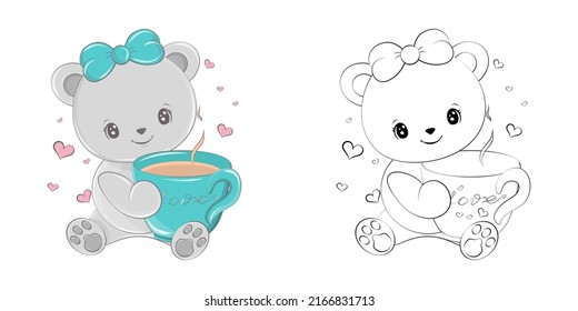 Cute Bear Clipart for Coloring Page and Illustration. Happy Clip Art Bear with a Cup of Coffee. Vector Illustration of an Animal for Stickers, Prints for Clothes, Baby Shower, Coloring Pages.  svg