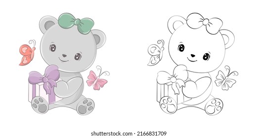 Cute Bear Clipart Illustration and Black and White. Funny Clip Art Bear with Gift Box. Vector Illustration of an Animal for Coloring Pages, Stickers, Baby Shower, Prints for Clothes.  svg